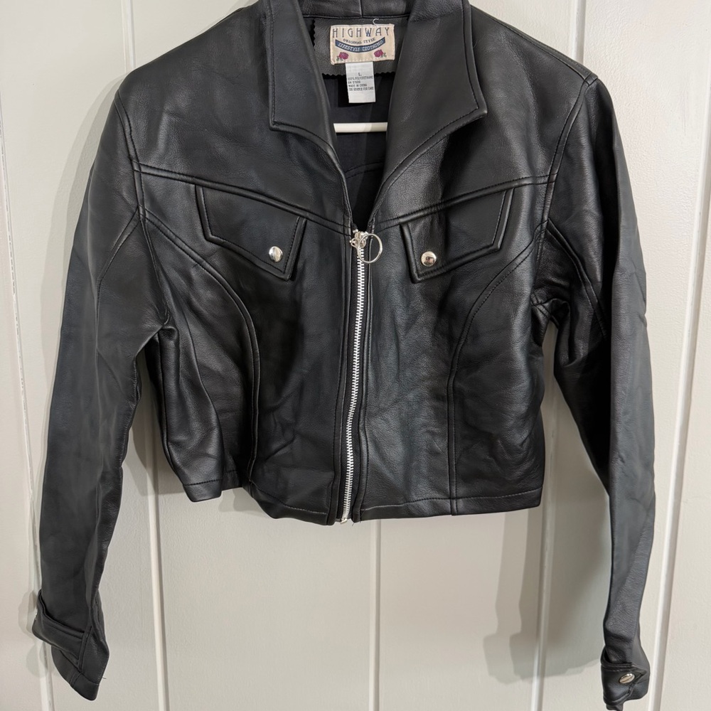 Y2K Vintage Highway Black Cropped Moto Jacket | Ring Zip Biker | Size L